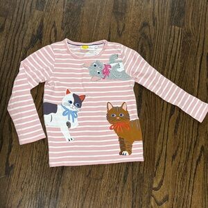 Mini Boden Pink Striped Long Sleeve with Cat Appliqué 6 7 kittens